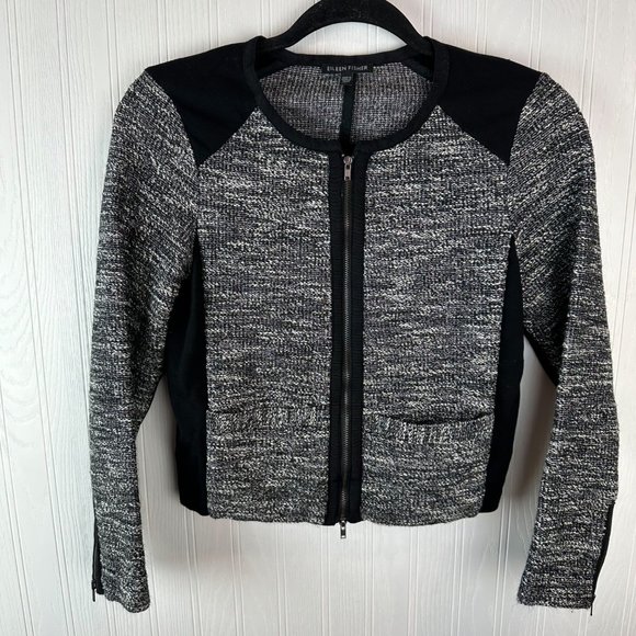 Eileen Fisher Black and Gray Zip up sweater size XS Cotton Blend - Picture 1 of 7